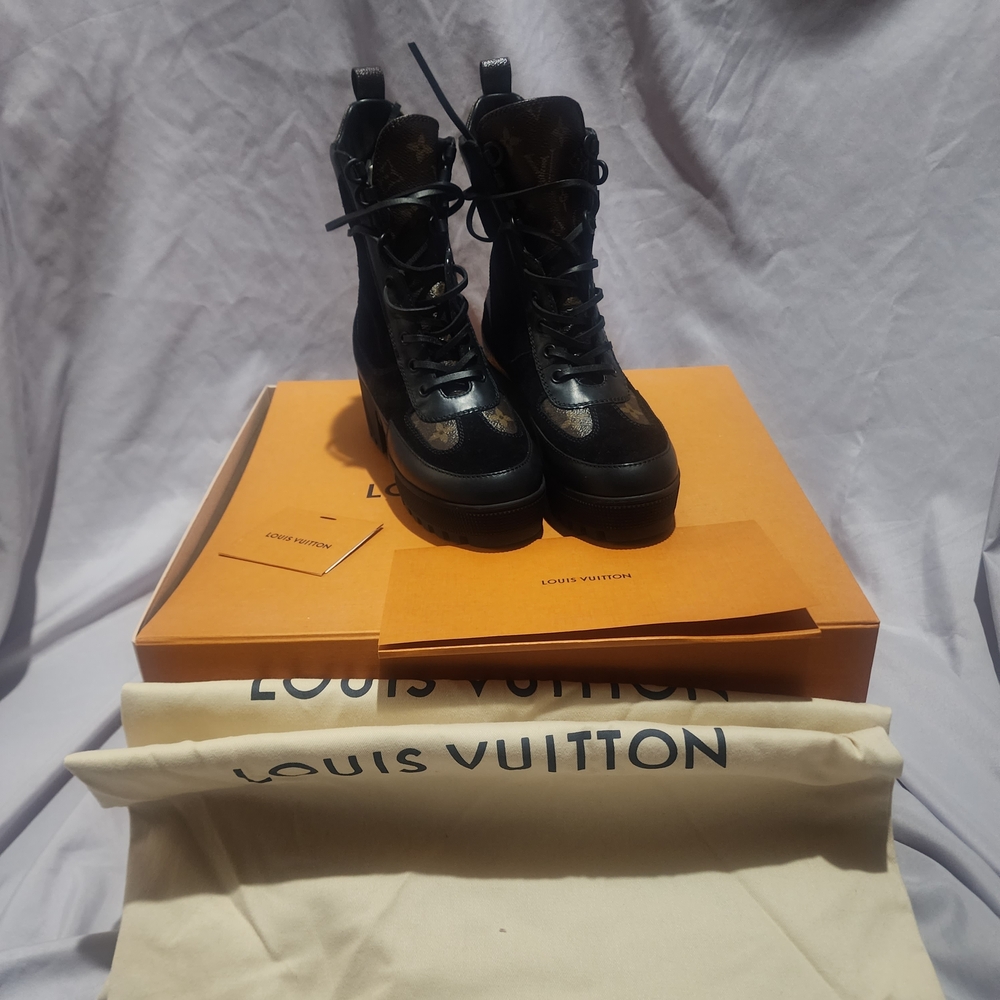 Louis Vuitton Black Monogram Lace-Up Platform Boots